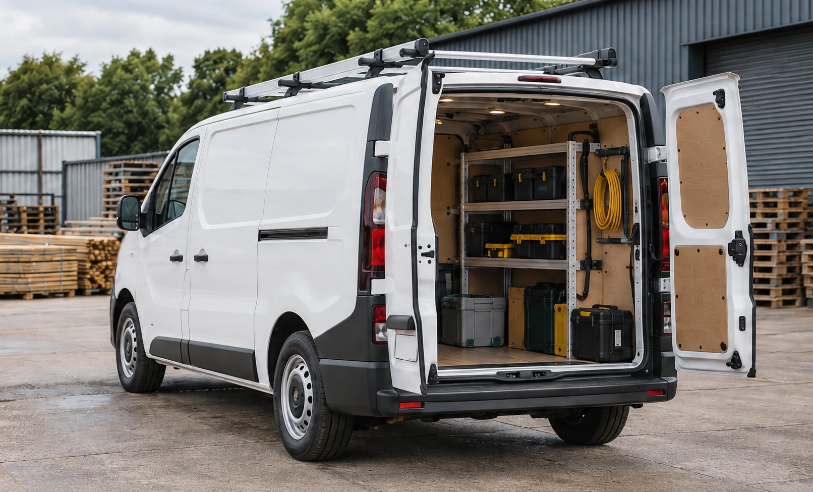 A white work van with roof bars and an organised working interior, parked in an industrial yard